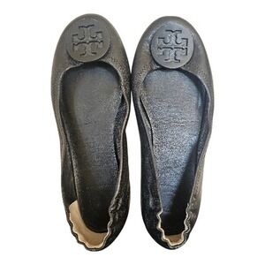 Tory Burch Black Soft Leather Big front Logo Boho Cottagecore Ballet Flats sz 8
